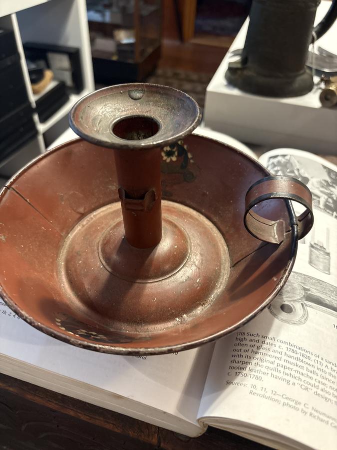 Early 19th c. original paint red tin chamberstick