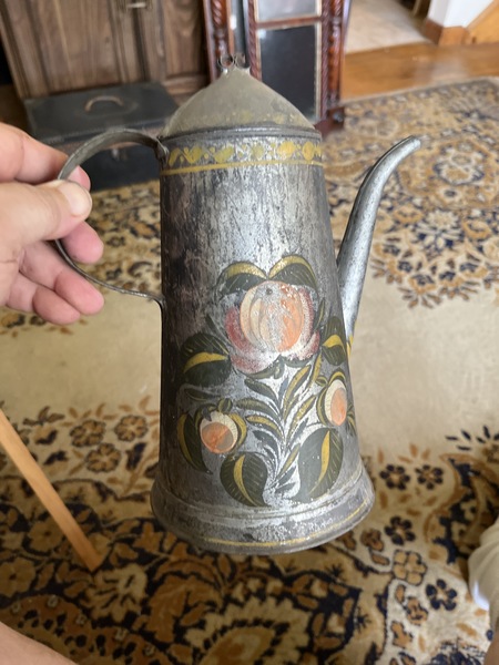 Early 19th century toleware painted teapot lightho
