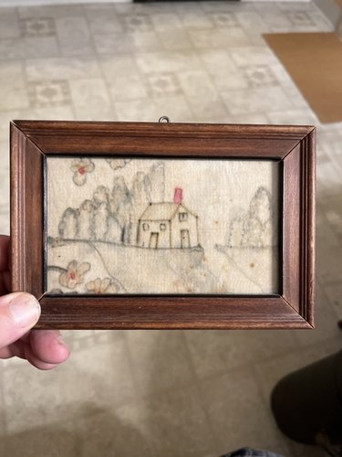 19th century folk art drawing of house on felt