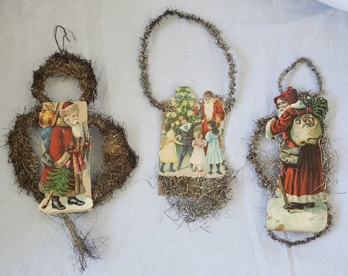 3 Antique Red Santa Scrap Tinsel Xmas Ornaments