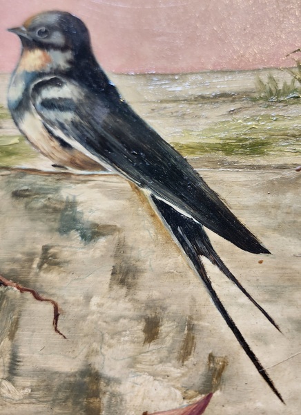 19th C. Painting of Swallows on Papier Mache Plate