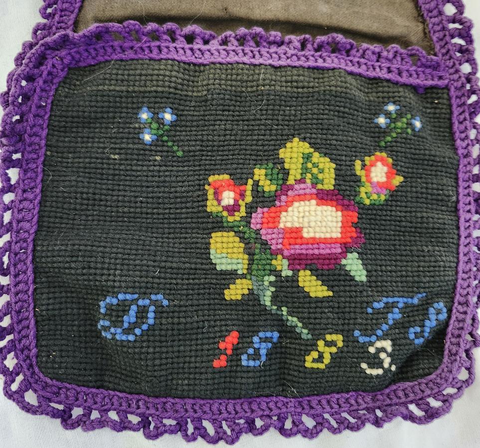 1883 Needlepoint & Crocheted Wall/Sewing Pocket