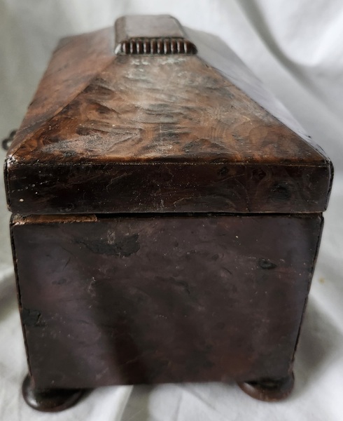 Antique Burl Veneer Tea Caddy w/Working Orig. Key