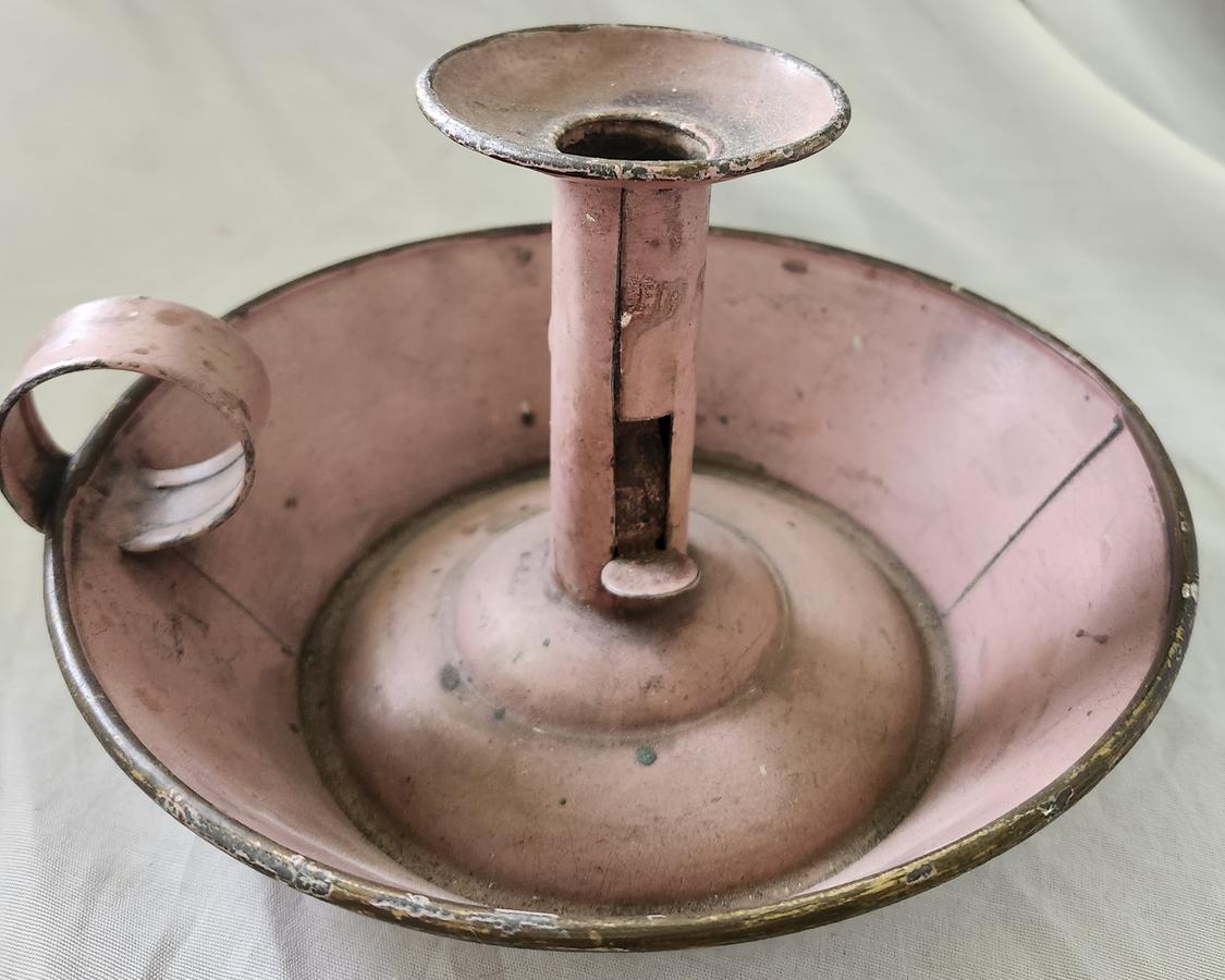Antq. PA. Tin Push-Up Candlestick in Orig. Pink