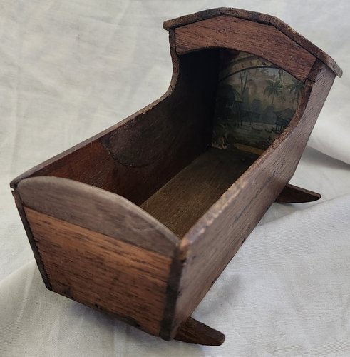 Tiny Antq. Hooded Doll Cradle w/Printed Landscape