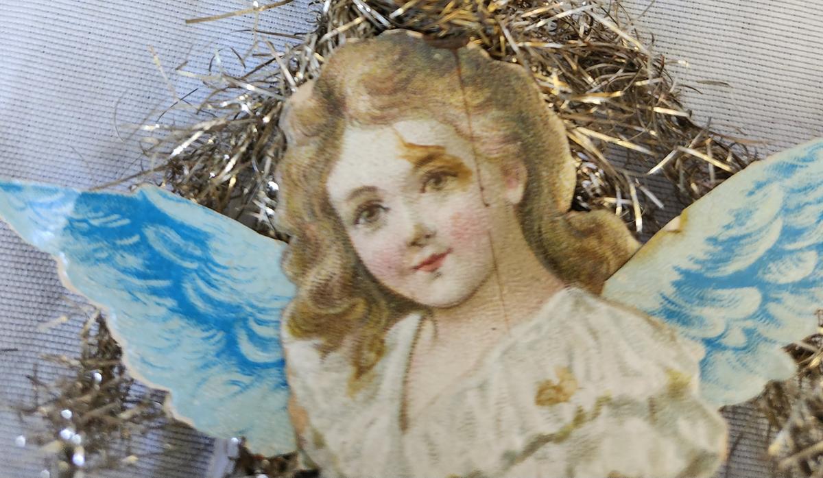 Antique Angel in Blue Scrap Tinsel Xmas Ornament