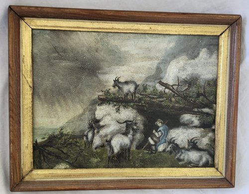 Antique Folk Art Oil Painting of Goatherd & Goats