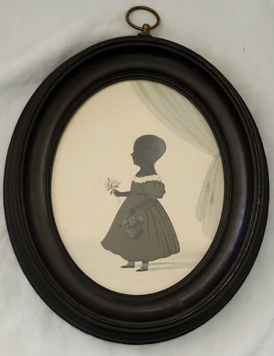 **19th C. Silhouette of Child w/Basket of Roses