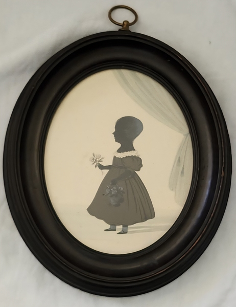 **19th C. Silhouette of Child w/Basket of Roses