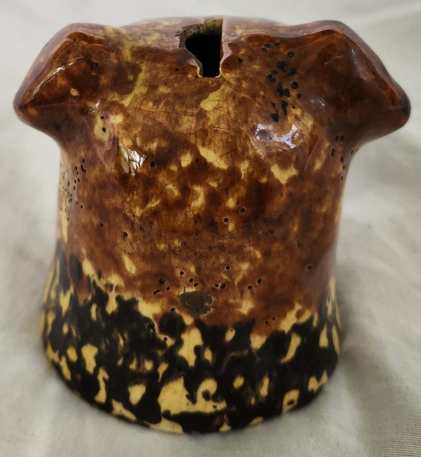 Antique Sponged Yellowware Dog Head Bank
