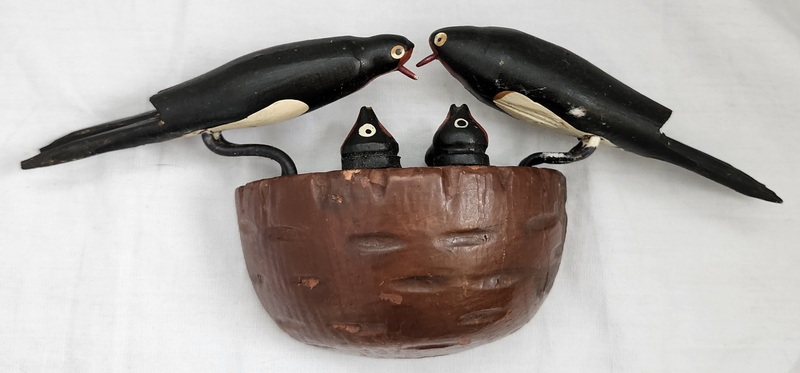 **Vntg. German Folk Art Carved Barn Swallow Family