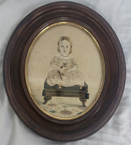 19th C. Folk Portrait of Child & Kitten Ex Mathers