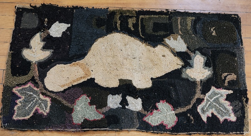 **Antique Canadian Folk Art Beaver Hooked Rug