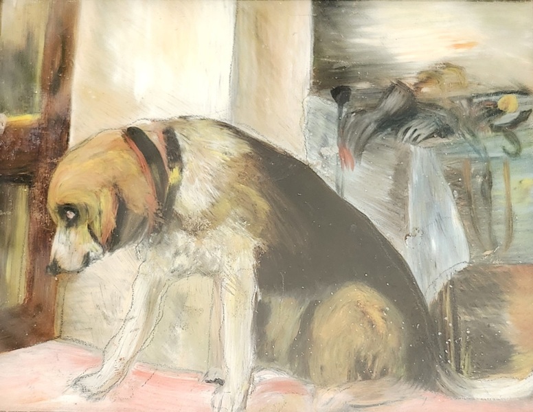 Antique Miniature Reverse Painting of Sad Beagle