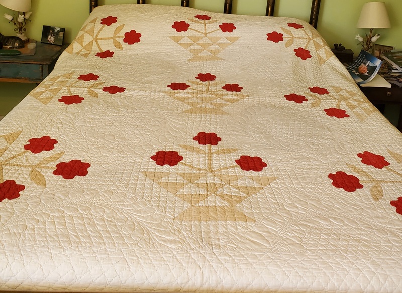 **Antique 1870's Well Quilted Flower Basket Quilt