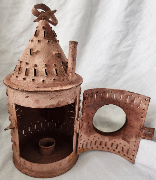 Antq. Painted Pierced Tin Lantern w/Concave Glass
