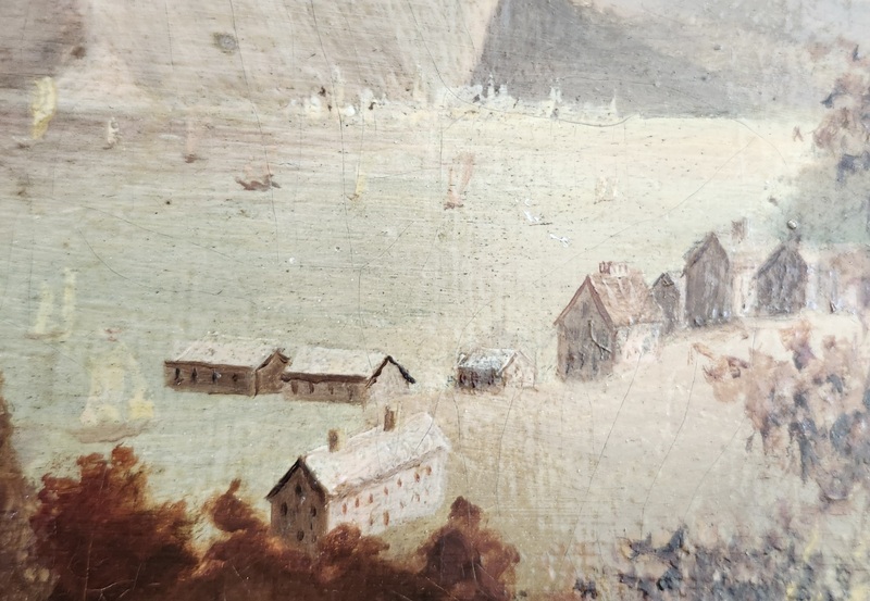 **Antq. Painting of Couple Overlooking Sea Village
