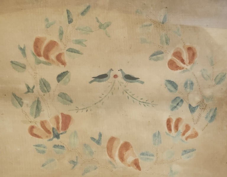 **19th C. Theorem Painting of Bluebirds & Wreath
