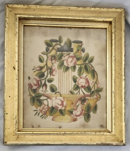 **Antique Folk Art Velvet Theorem w/Floral Garland