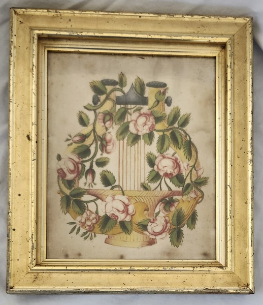 **Antique Folk Art Velvet Theorem w/Floral Garland