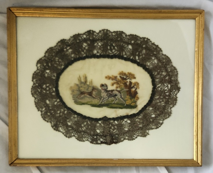 **19th C. Framed French Petit Point of Hunting Dog