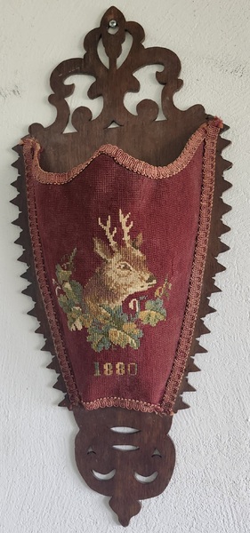 **Antq. 1880 Victorian Folk Art Wall Pocket w/Stag