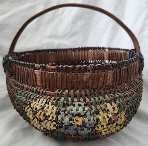 **Antique Buttocks Basket w/Painted Flowers