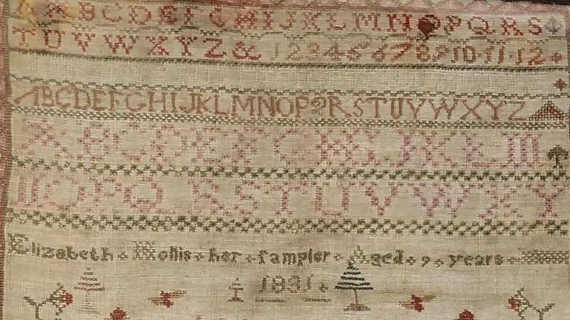 Antq. 1831 Elizabeth Hollis Sampler w/Birds, Dogs+