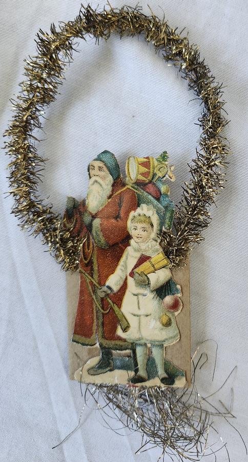 3 Antique Santa Scrap Tinsel Xmas Ornaments