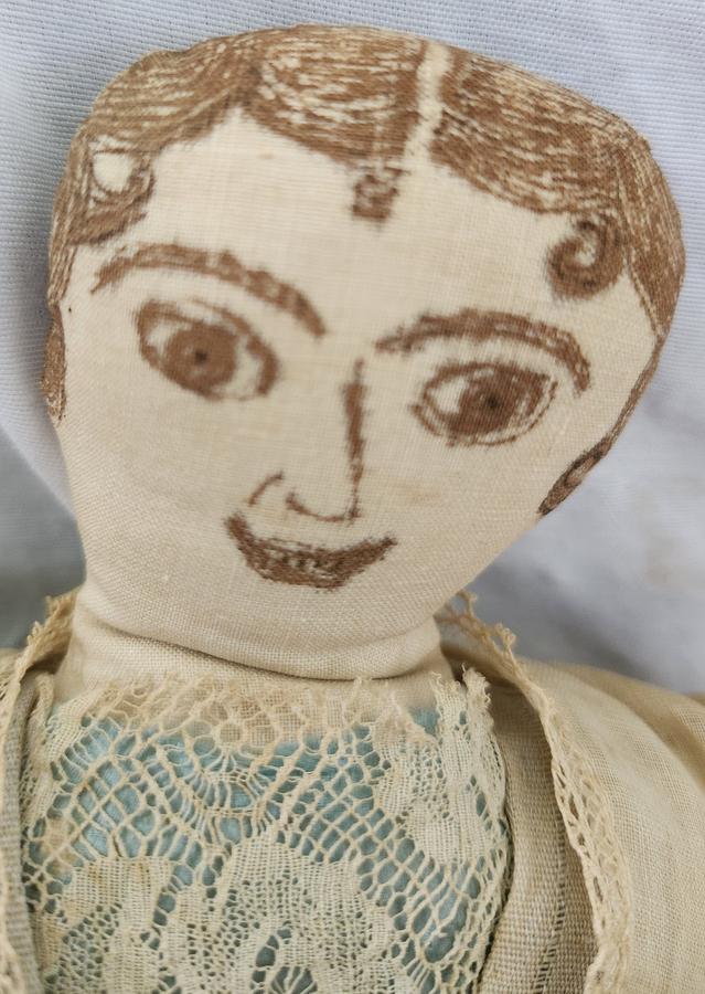 Ca. 1890 Folk Art Sepia Ink Face & Hair Rag Doll