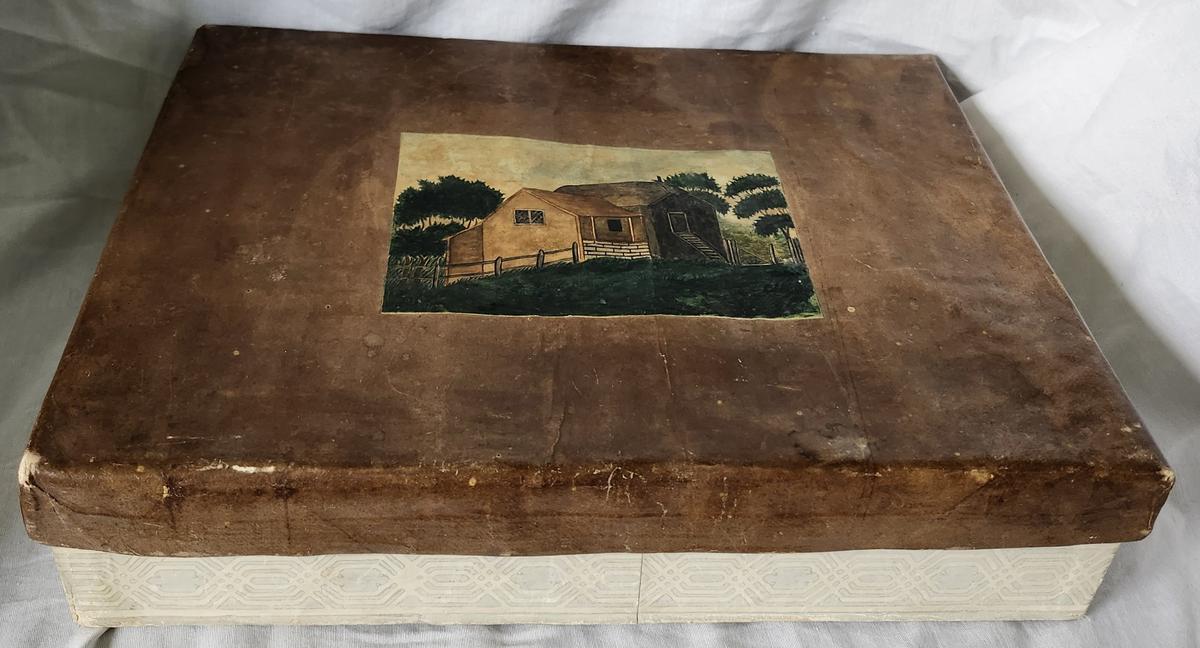 Antique Box w/Folk Art Paintings of House & Woman