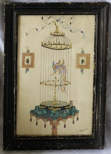Vintage Folk Art Watercolor of Exotic Bird in Cage
