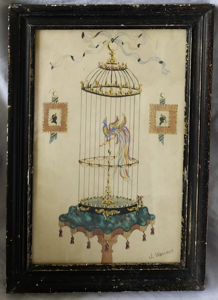 Vintage Folk Art Watercolor of Exotic Bird in Cage
