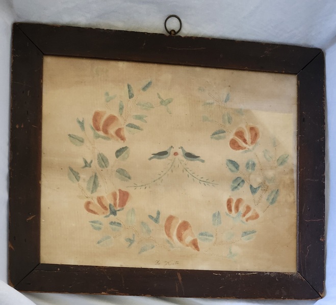 **19th C. Theorem Painting of Bluebirds & Wreath