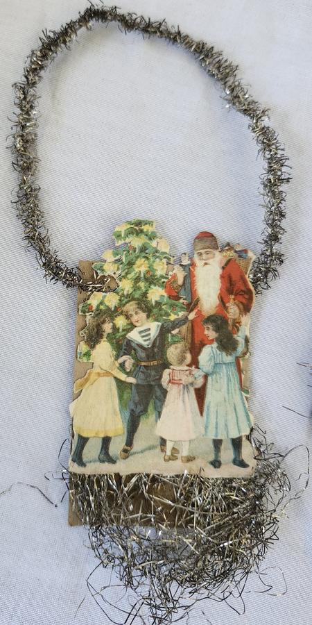 3 Antique Red Santa Scrap Tinsel Xmas Ornaments