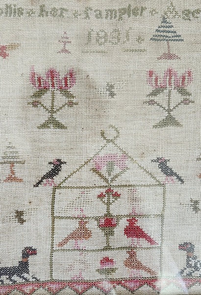 Antq. 1831 Elizabeth Hollis Sampler w/Birds, Dogs+