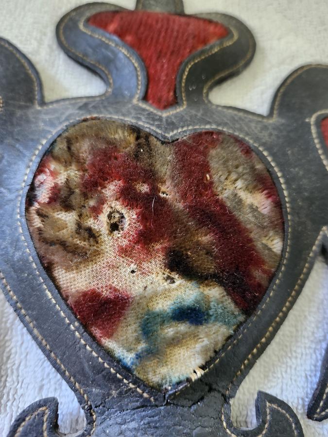 19th C. Leather & Velvet Birds & Heart Pin Cushion