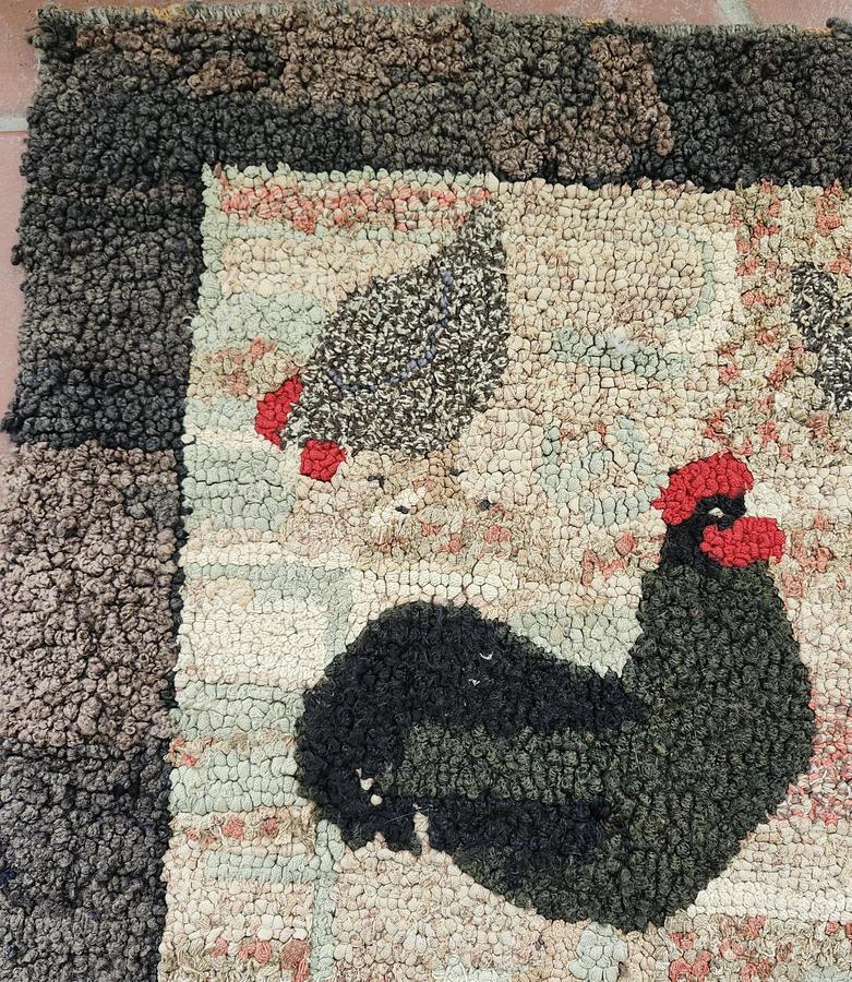 Early 20th C. PA. Folk Art Chickens Hooked Rug