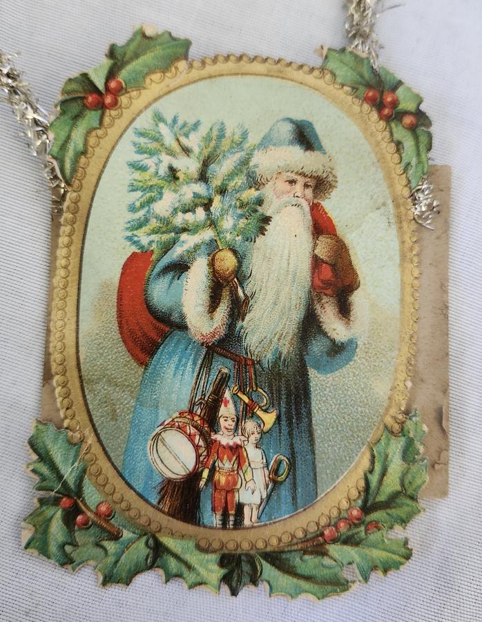 3 Antique Blue Santa Scrap Tinsel Xmas Ornament
