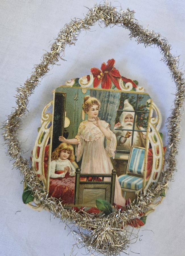 3 Antique Santa Scrap Tinsel Xmas Ornaments