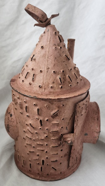 Antq. Painted Pierced Tin Lantern w/Concave Glass