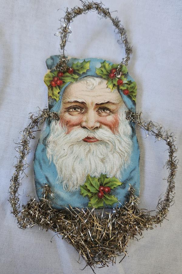 3 Antique Blue Santa Scrap Tinsel Xmas Ornament