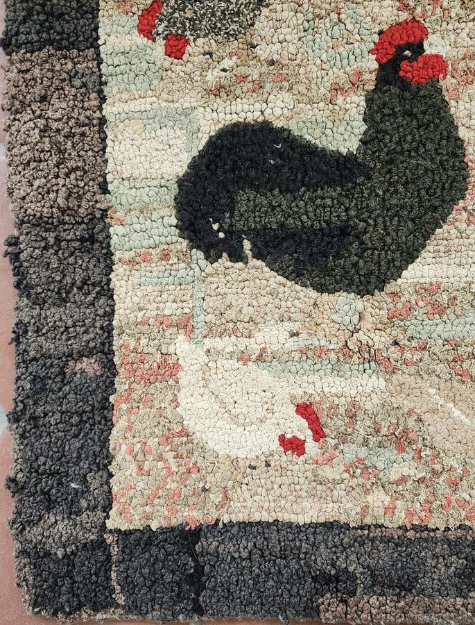 Early 20th C. PA. Folk Art Chickens Hooked Rug