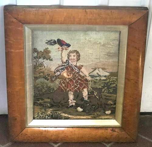 **19th C. Irish Needlepoint of Child w/ Dog & Bird