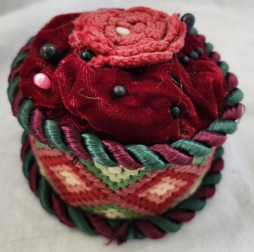 Antique Pin Cushion w/Crocheted Flower Ex Booth