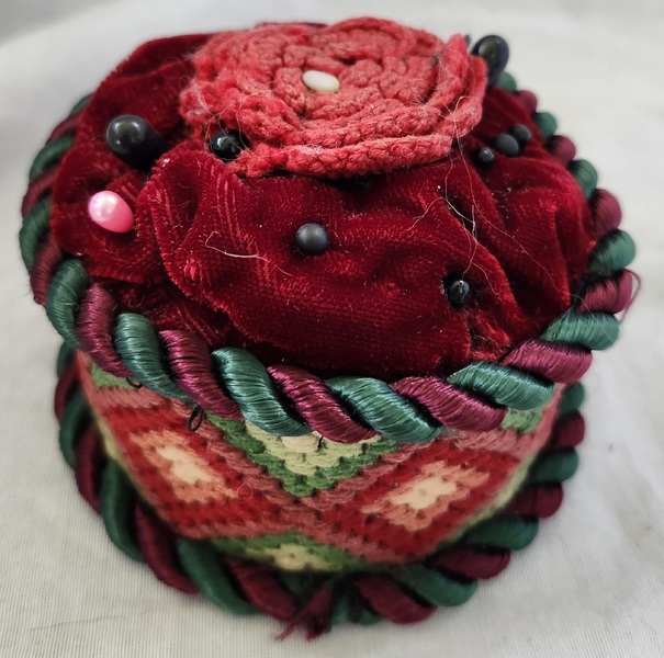 Antique Pin Cushion w/Crocheted Flower Ex Booth