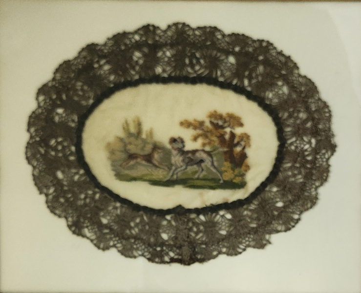 **19th C. Framed French Petit Point of Hunting Dog