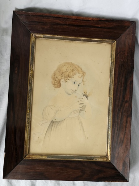 Antique Folk Portrait of Young Girl & Insect