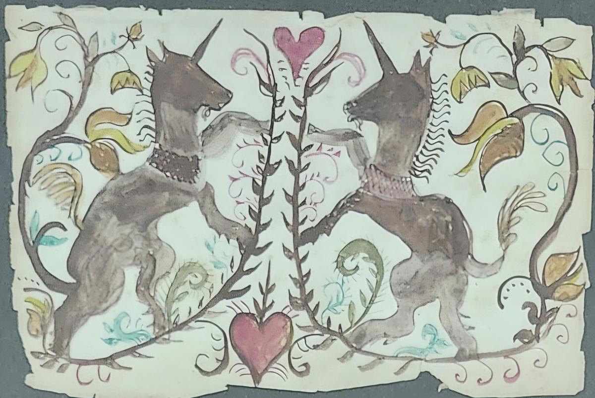 Antique Folk Art Unicorns Fraktur Watercolor