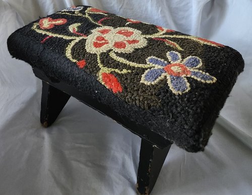Antique Primitive Footstool w/Floral Hooked Top